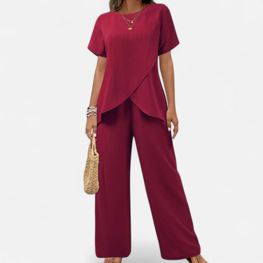 Old Monarchy | Women’s Asymmetrical Two-Piece Set – Textured Elegance with Wide-Leg Trousers & Sculpted Top